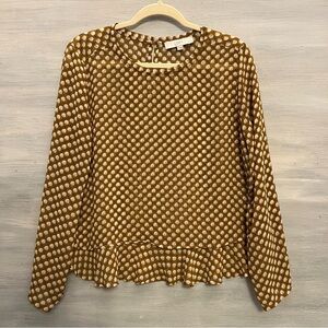 Loft Pink Lotus Print Sheer Crew Neck Ruffle Hem‎ Blouse Size LP Like New